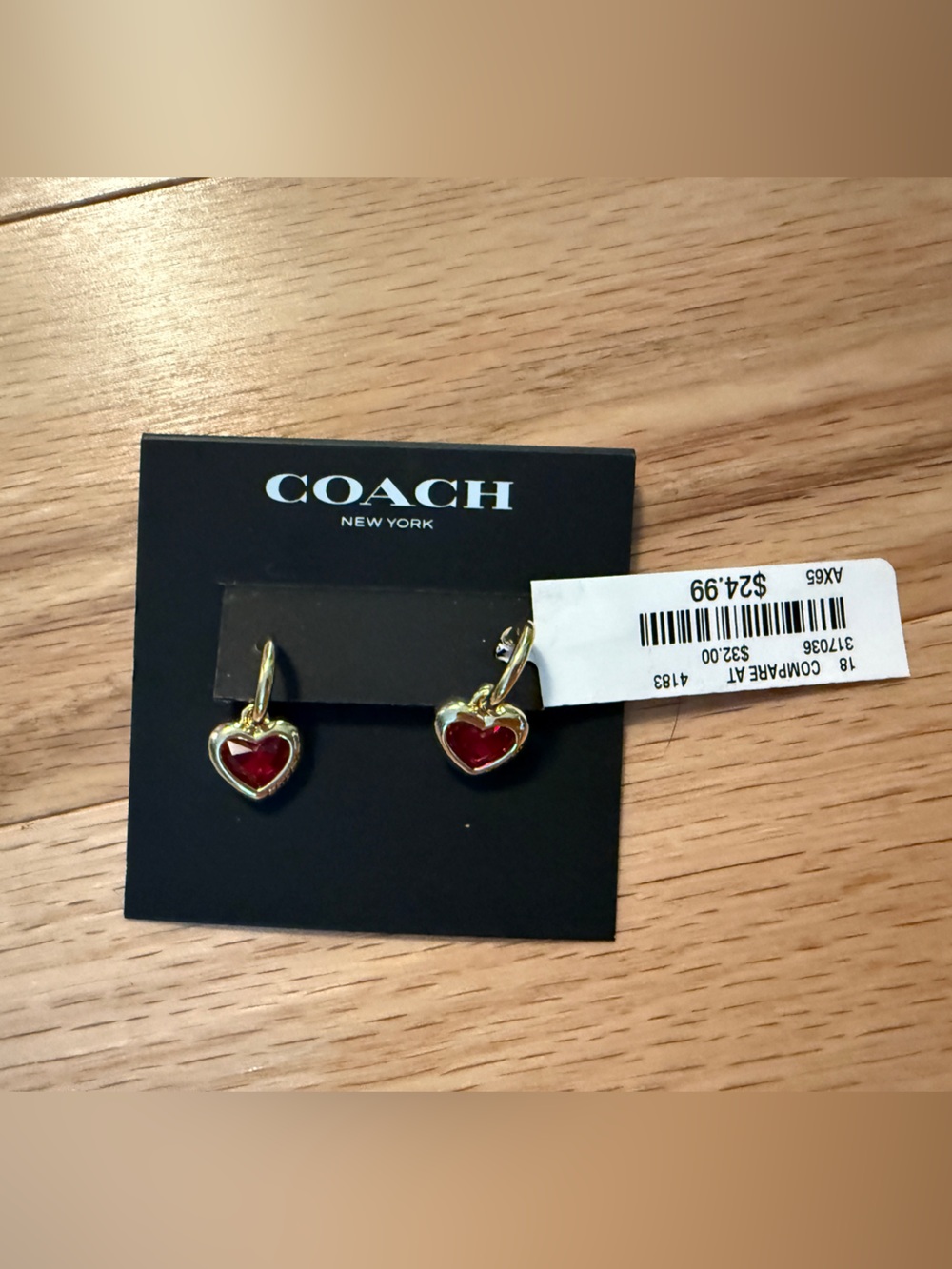 Coach Gold-Tone Heart Dangle Earrings with Red Enamel